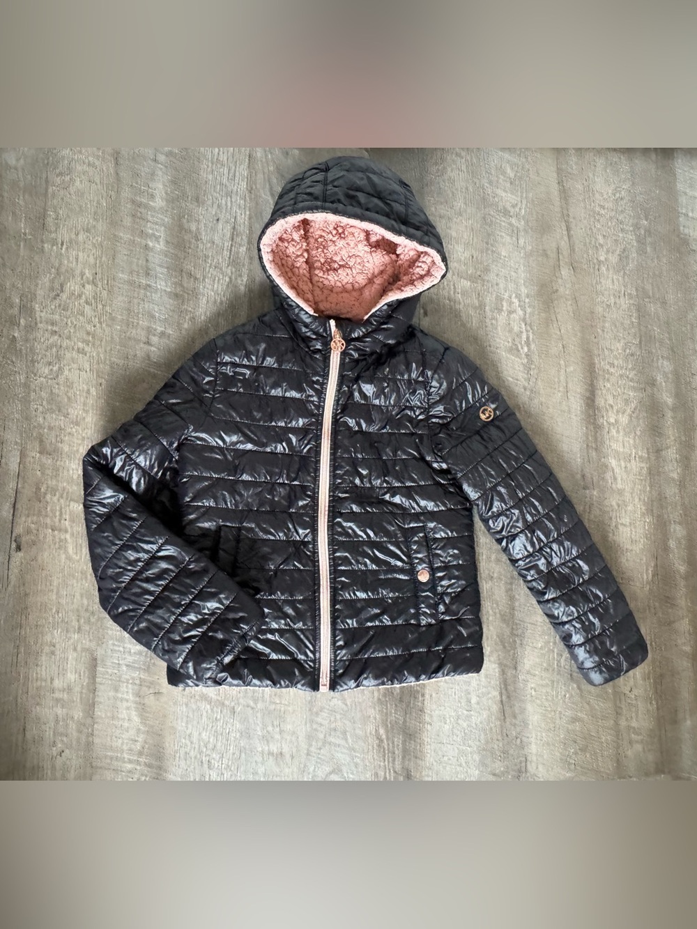 Michael Kors Girls' Quilted Faux Fur Lined Puffer Jacket, Pink, Black 10-12
